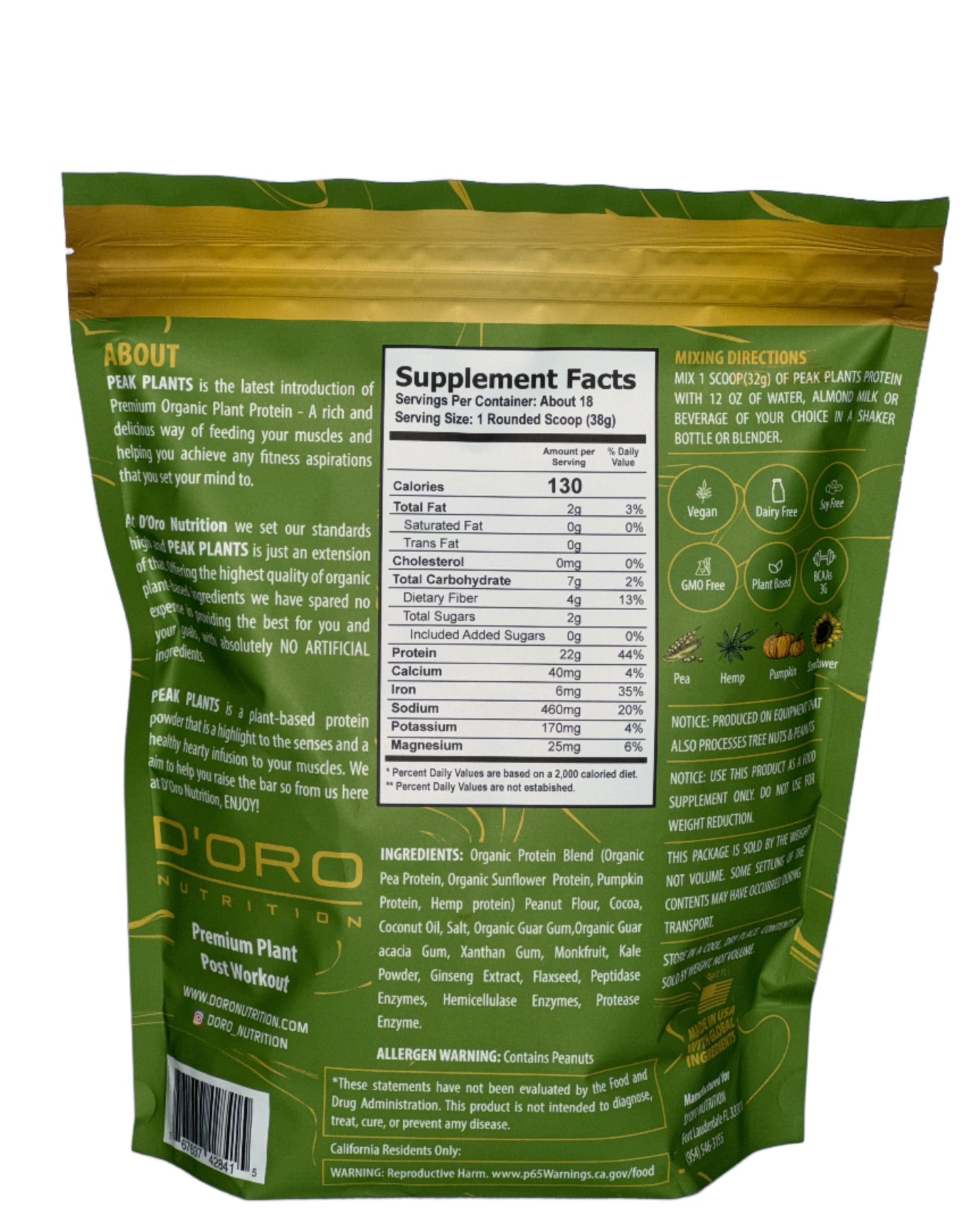 D'Oro Nutrition - Peak Plants Organic Non-Dairy Vegan Protein  - Plant Based Post Workout Zero Artificial Ingredients Soy & Gluten Free